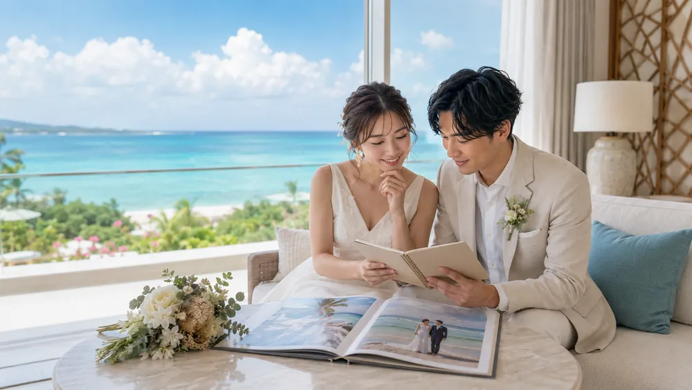 沖縄リゾート婚の準備について話し合う新郎新婦